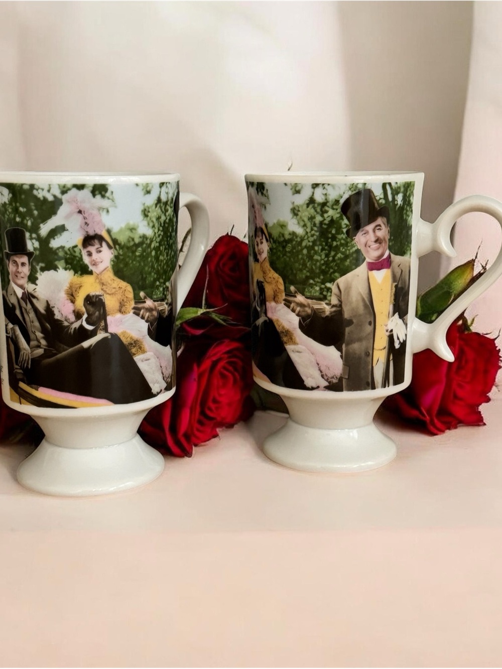 Vintage-Style White Ceramic Pedestal Mugs with Victorian Couple Design